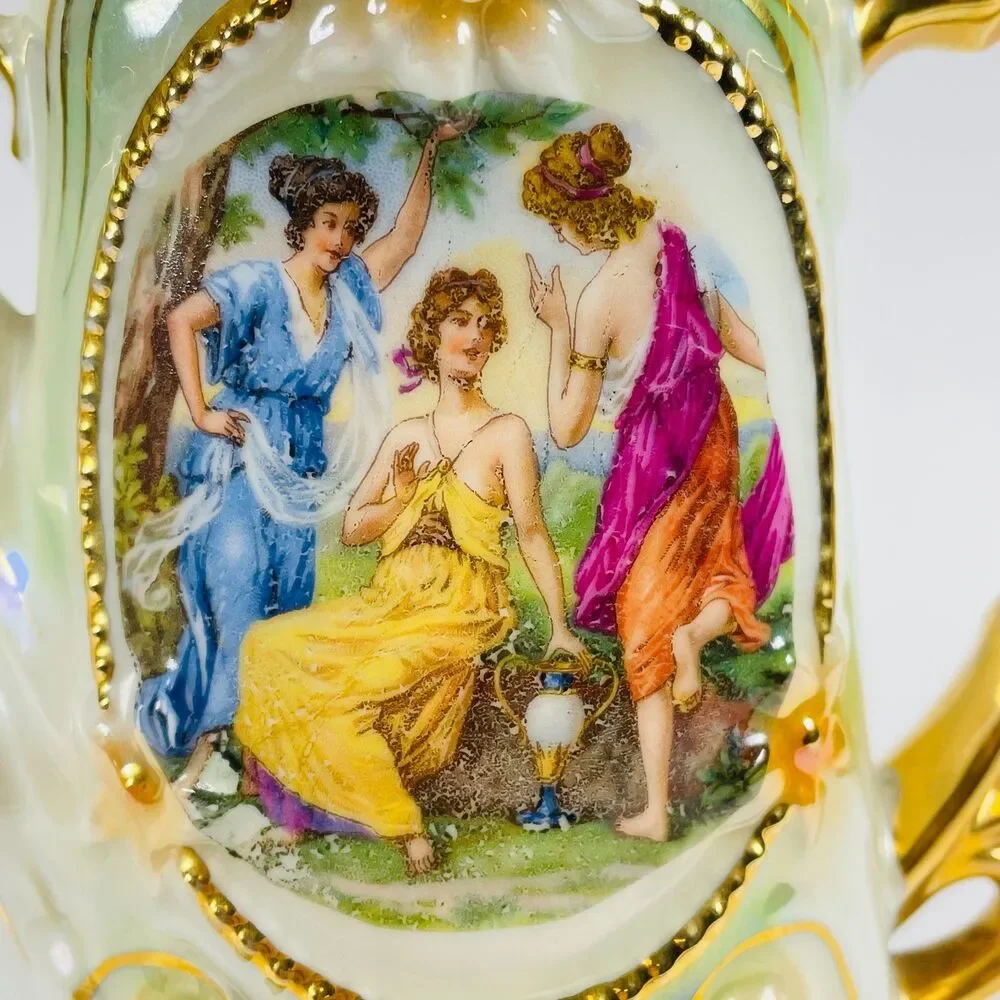 Antique Rococo German Ceramic Coffee Pot Three Graces Gold Gilt Porcelain 9.5”